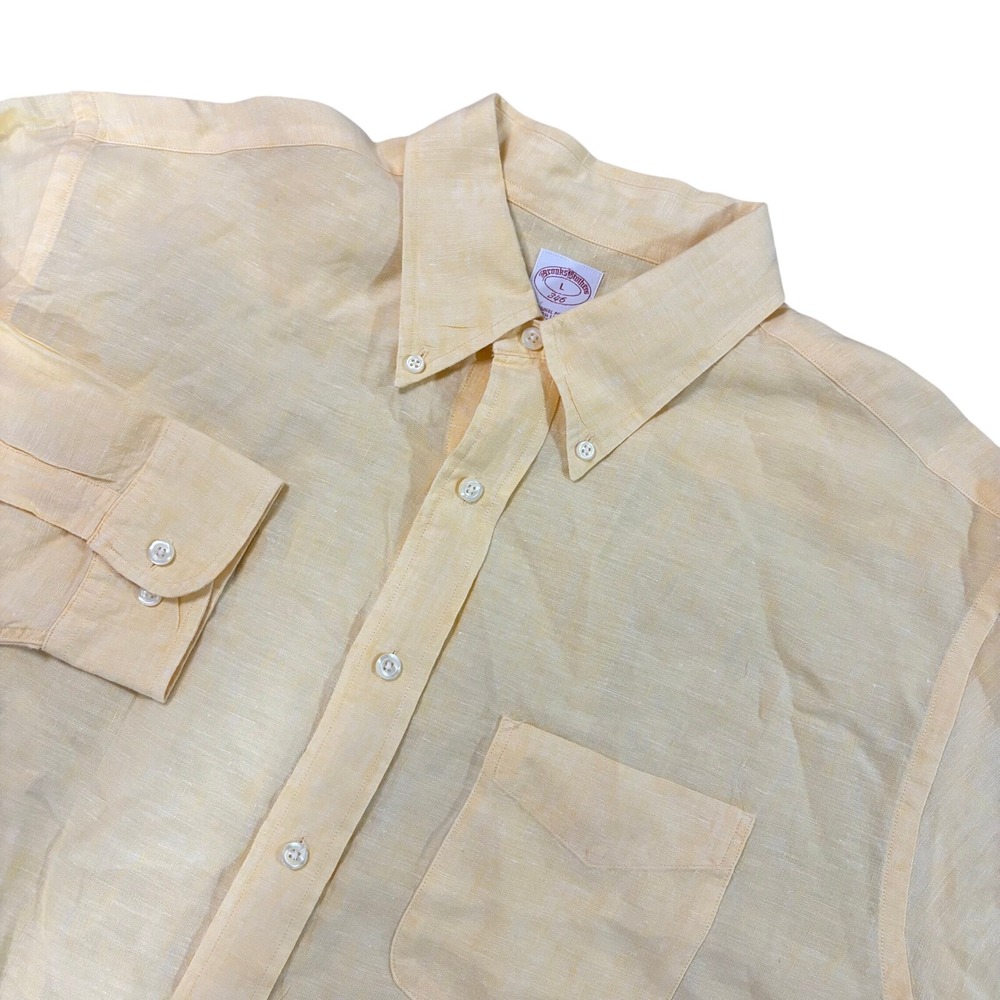 BROOKS BROTHERS 346 Linen Shirt Mens L Yellow Button Down Long Sleeve 100% Linen